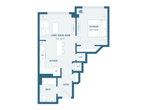 A floor plan of a house with a living/dining room, kitchen, bath, and entry.